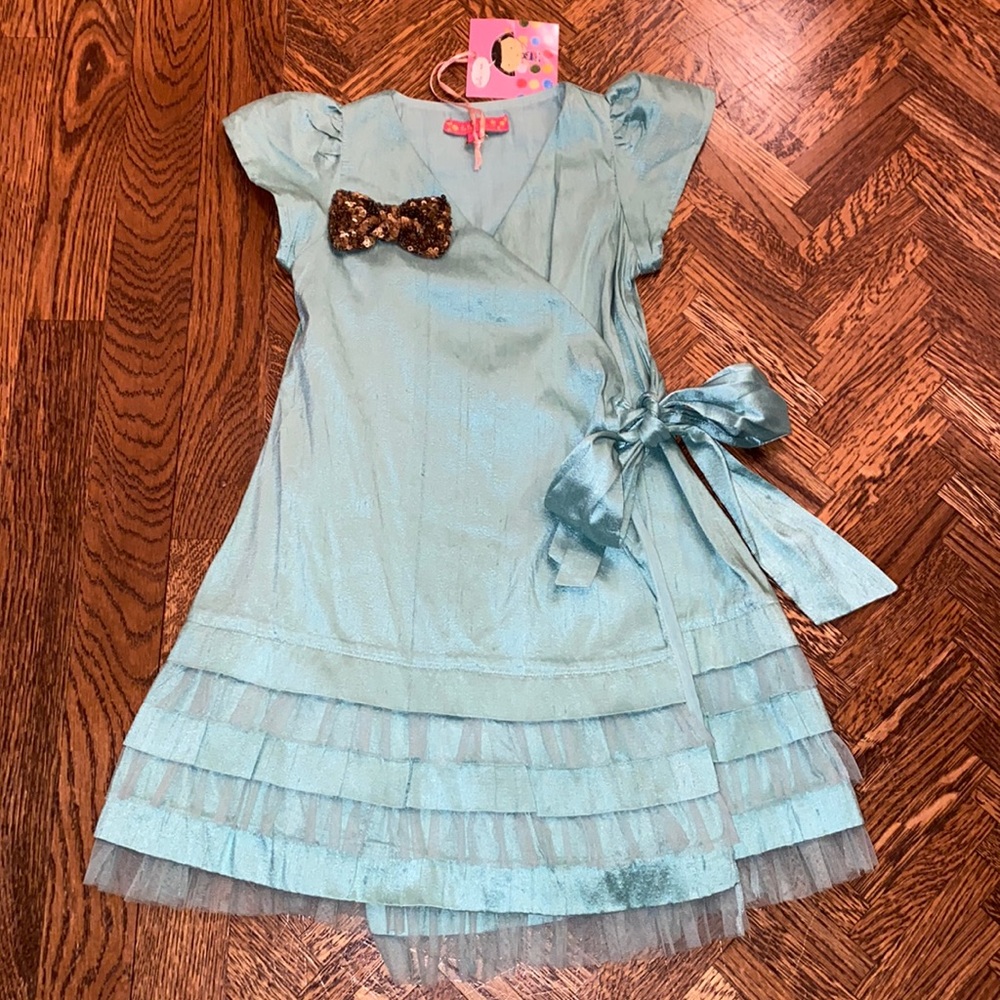 Lola et moi Dupioni Silk Turquoise Wrap Dress Sequin Bow Easter